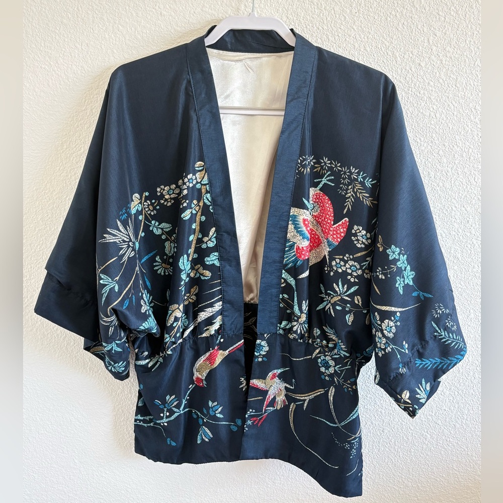 Women’s Floral Asian Style Kimono Open Cardigan Sz S/M Oversized Birds Boho